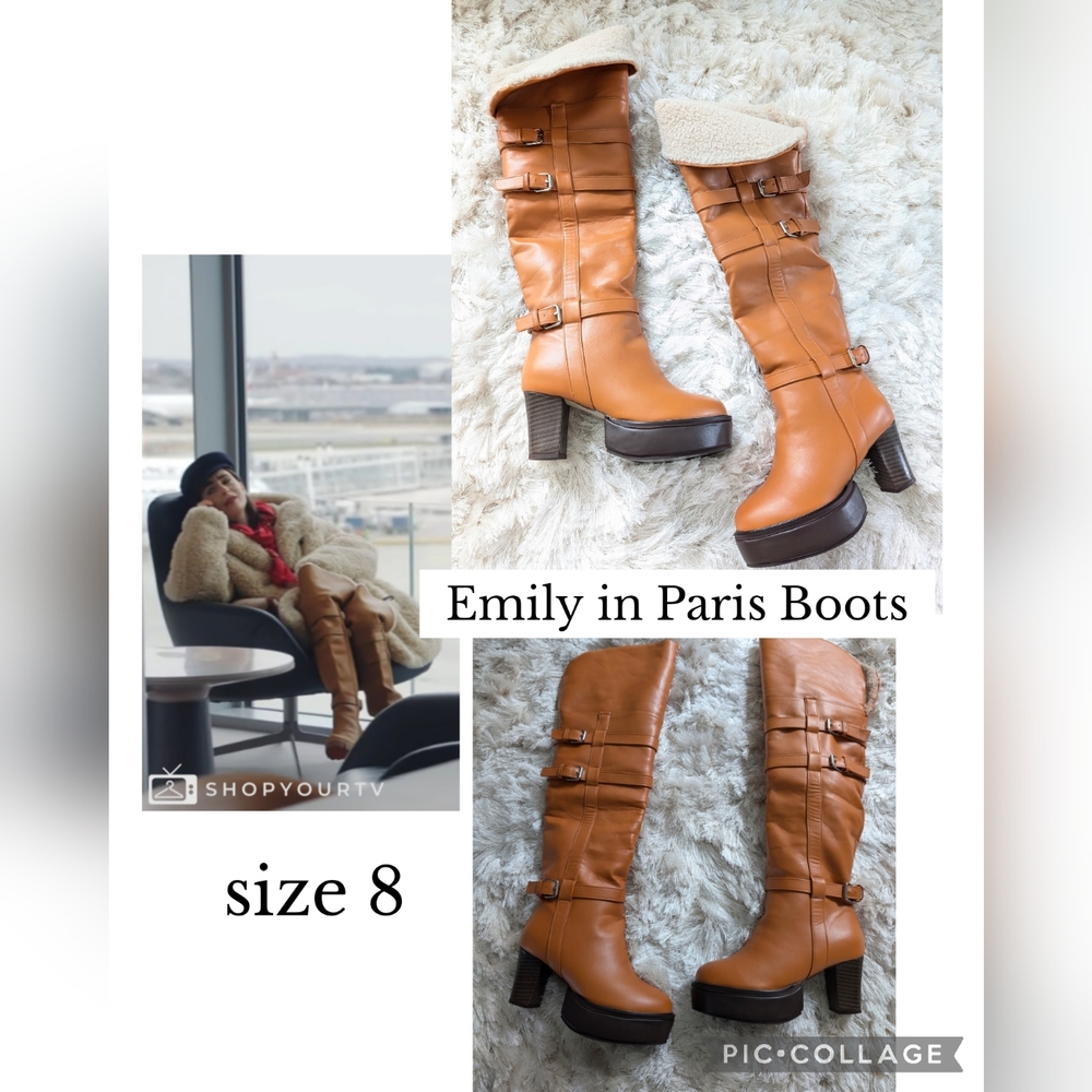 Emily in Paris Season 4 Brodeback Over the Knee Shearling Vegan Leather Boots 8
